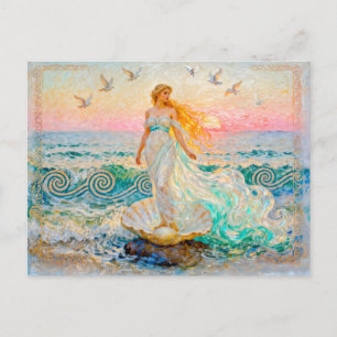 Carte Postale Aphrodite émergeant d'une coquille sur le rivage o