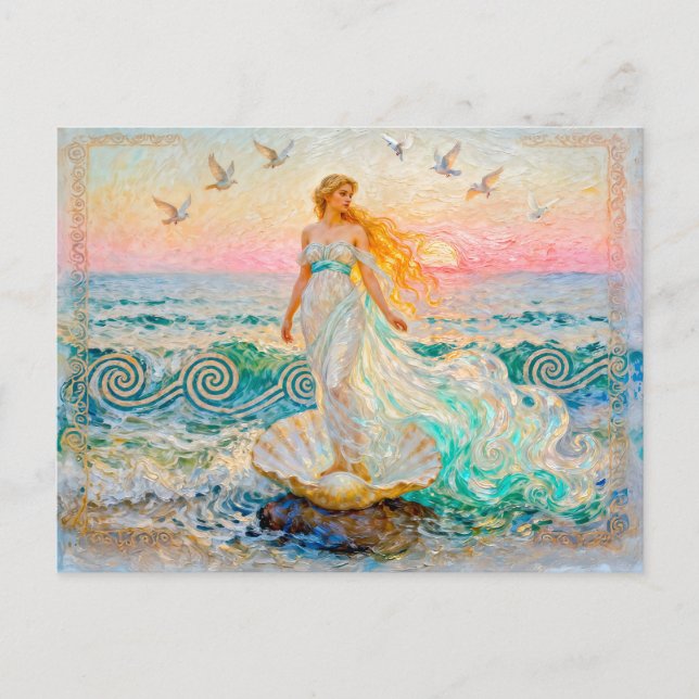 Carte Postale Aphrodite émergeant d'une coquille sur le rivage o (Devant)