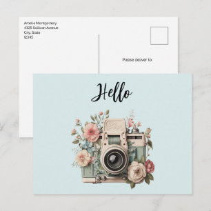 Carte Postale Appareil photo avec fleurs rétro pastel Hello