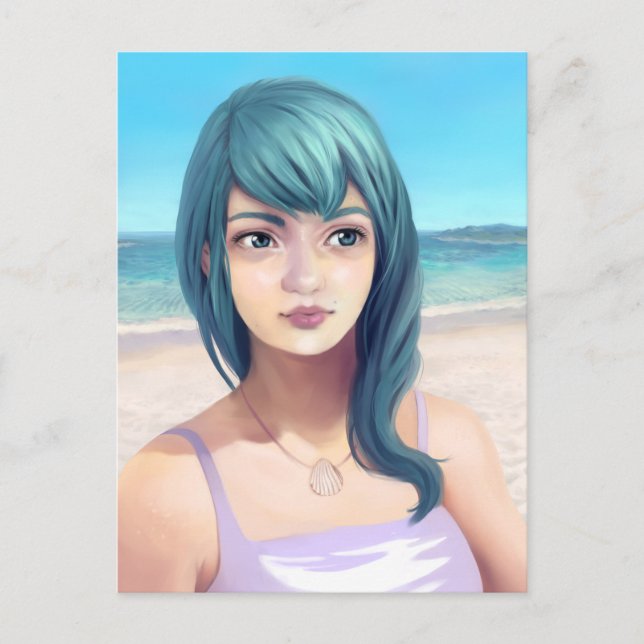 Carte Postale Aqua - Blue Haired Pretty Girl sur la plage (Devant)