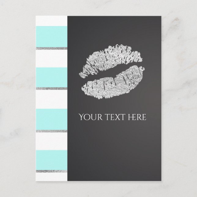 Carte Postale Aqua Blue & White Faux Silver Shimmer Lips (Devant)