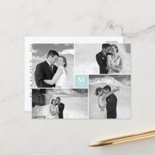Carte Postale Aqua Carré Monogramme 4 Mariage photo Merci