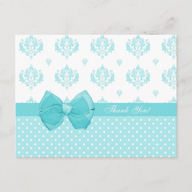 Carte Postale Aqua Damask Avec Merci Pois (Devant)