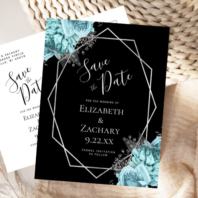 Carte Postale Aqua Floral Silver Geo Frame Black Save the Date (Créateur téléchargé)