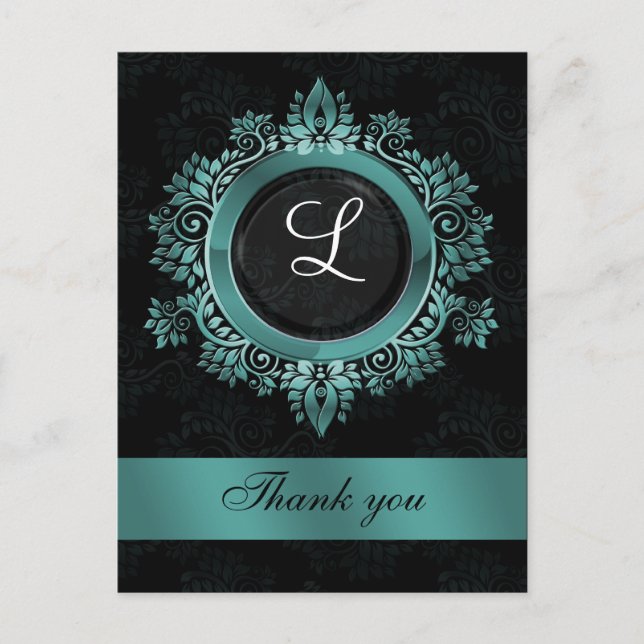 Carte Postale aqua monogramme mariage merci (Devant)