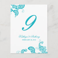 Aqua Peacock Floral Paisley Mariage Numéro de tabl