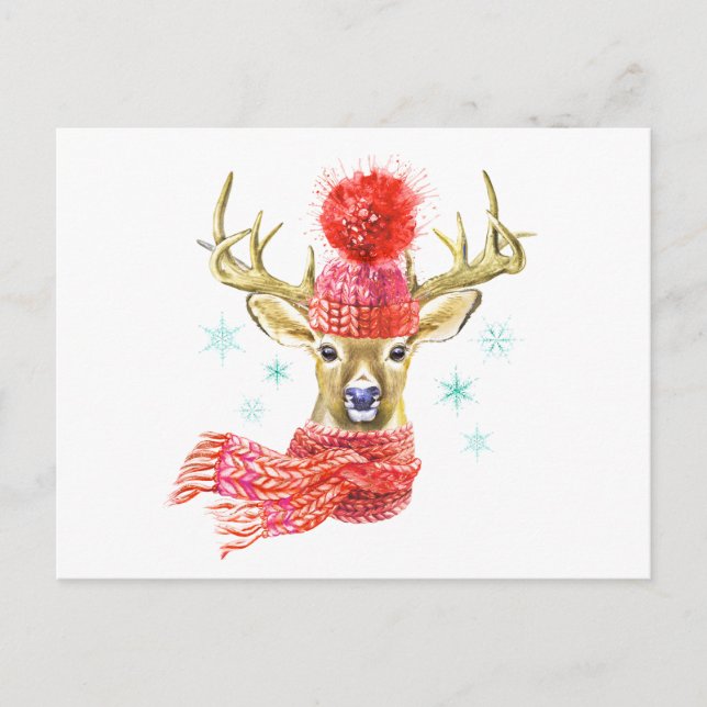Carte Postale Aquarelle adorable Cerf d'hiver (Devant)