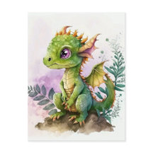 Aquarelle adorable Dragon bébé aux yeux pourpres