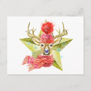 Carte Postale Aquarelle adorable Hiver Cerf étoile