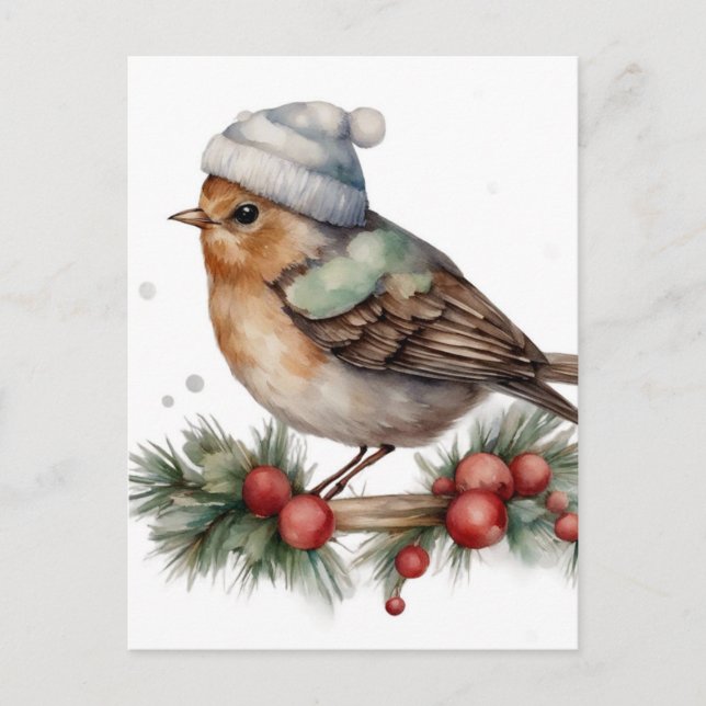 Carte Postale Aquarelle adorable Oiseau d'hiver (Devant)