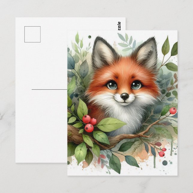Carte Postale Aquarelle adorable Renard rouge (Devant / Derrière)