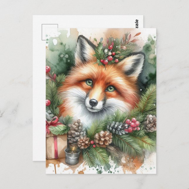Carte Postale Aquarelle adorable Renard rouge Noël (Devant / Derrière)