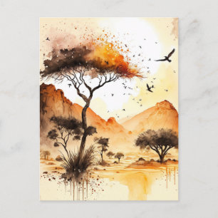 Carte Postale Aquarelle africaine Safari coucher de soleil avec 