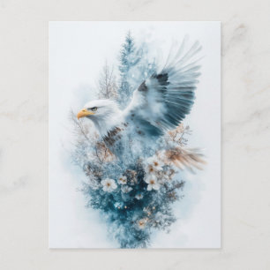 Carte Postale Aquarelle Aigle blanc en vol avec fleur blanche
