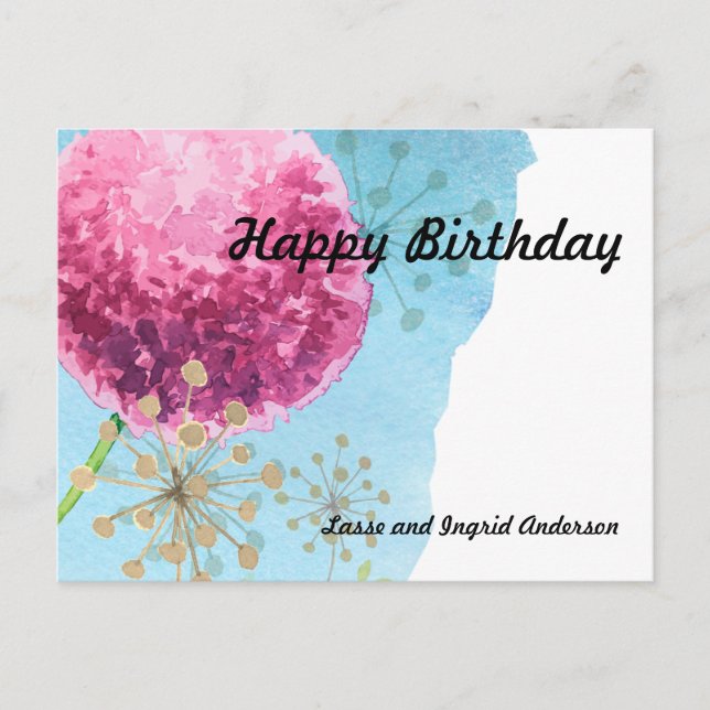 Carte Postale Aquarelle Allium floral, Bleu, Violet, Or (Devant)