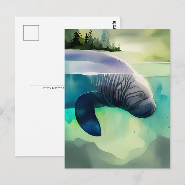 Carte Postale Aquarelle Animaux, Manate, Post-croisement (Devant / Derrière)