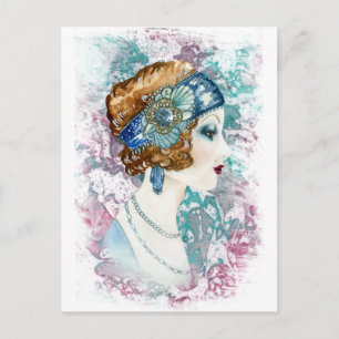 Carte Postale Aquarelle Années Art déco flapper girl