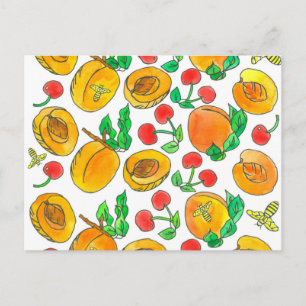 Carte Postale Aquarelle Apricot Fruit Cerises Abeilles