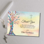 Carte Postale Aquarelle Arbre Baptême Christening Merci<br><div class="desc">Ces Cartes de Remerciements Baptistes colorées présentent un arbre généalogique aux couleurs de l'arc-en-ciel et une croix sur un arrière - plan aquarelle. Facilement personnalisable avec le nom et le message. Ce design unique est l'impression d'une mosaïque d'arbre généalogique qui a été faite à partir de minuscules morceaux de verre...</div>