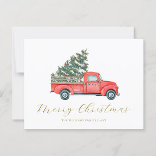 Carte Postale Aquarelle Arbre de Noël & Camion Rouge Merry X-mas