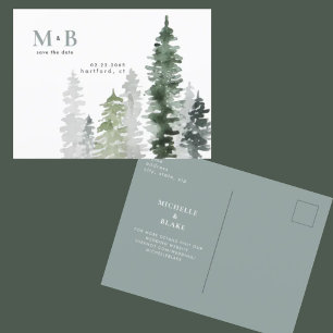 Carte Postale Aquarelle Arbres Monogramme Mariage Enregistrer la