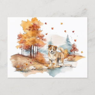 Carte Postale Aquarelle Automne Chien Design - Akita