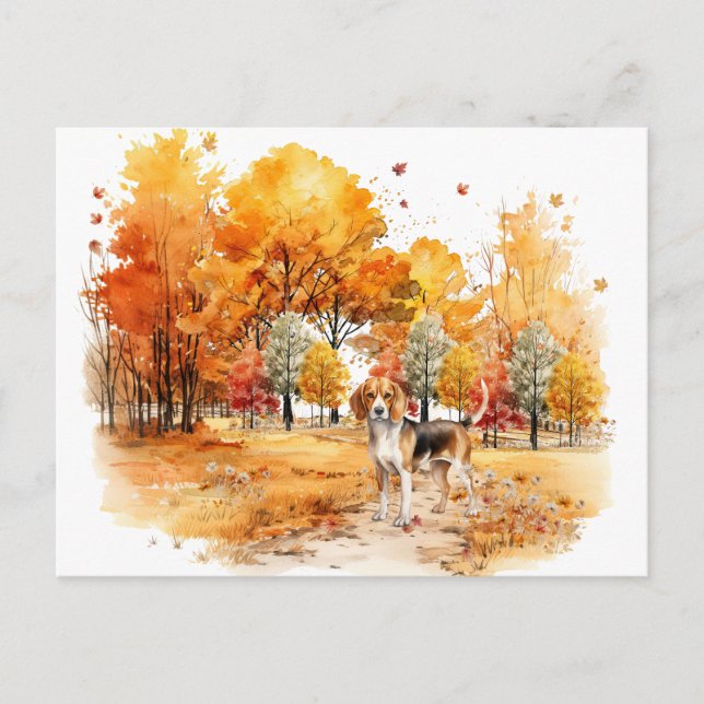 Carte Postale Aquarelle Automne Chien Design - Beagle (Devant)