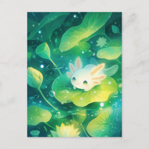Carte Postale Aquarelle Axolotl blanc dans un étang de nénuphars