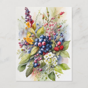 Carte Postale Aquarelle Baies et Fleurs Sauvages Nature 