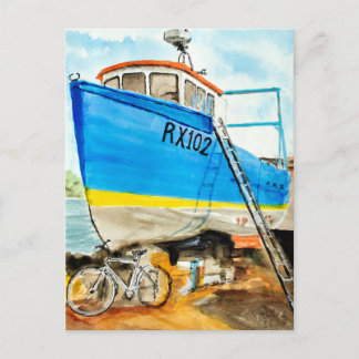 Carte postale aquarelle Bateau de pêche bleu