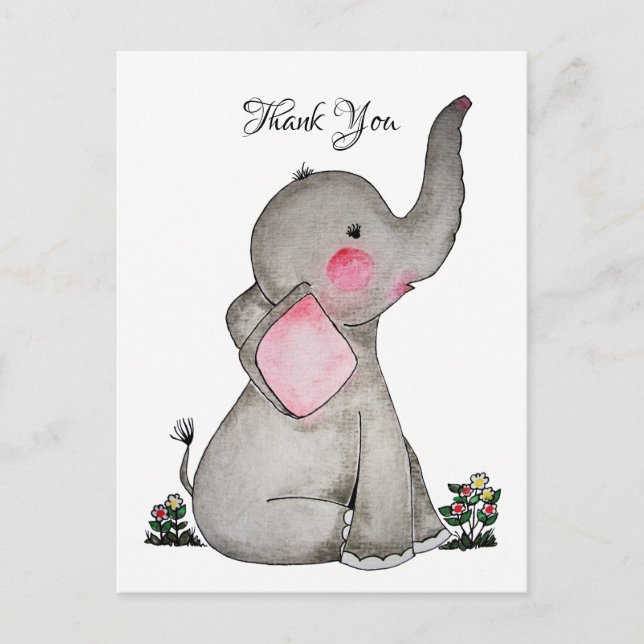 Carte Postale Aquarelle Bébé Eléphant Mignonne Avec Fleurs Minus (Devant)