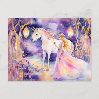 Carte Postale Aquarelle Belle Princesse et Licorne