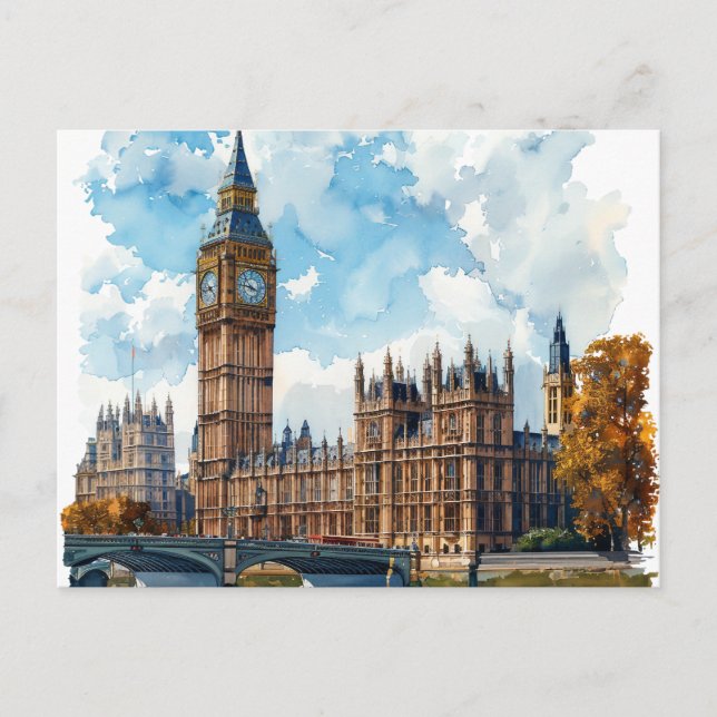 Carte Postale Aquarelle Big Ben Westminster Palace Londres (Devant)
