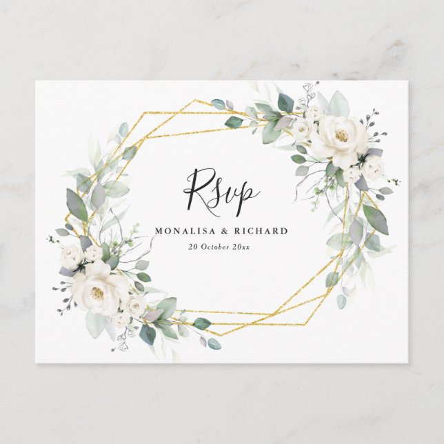 Carte Postale Aquarelle blanc fleuri vert mariage RSVP (Devant)