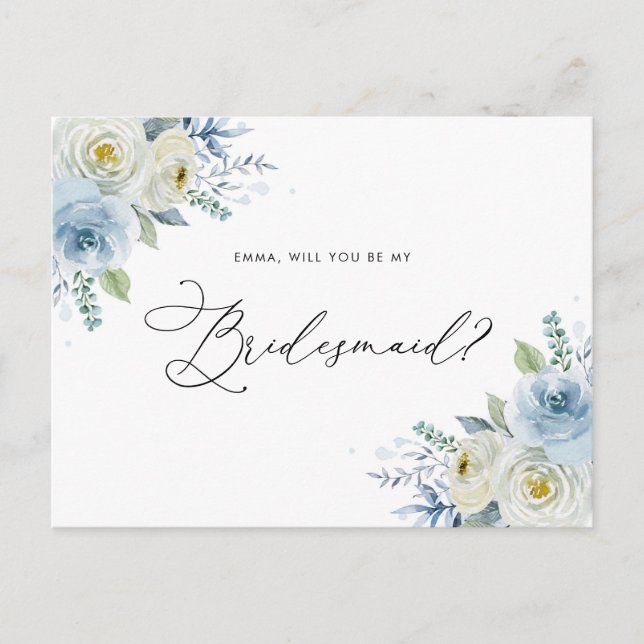 Carte Postale Aquarelle bleu et ivoire Roses Bridesmaid Proposit (Devant)