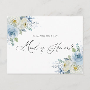 Carte Postale Aquarelle Bleu et ivoire Roses Maid of Honor