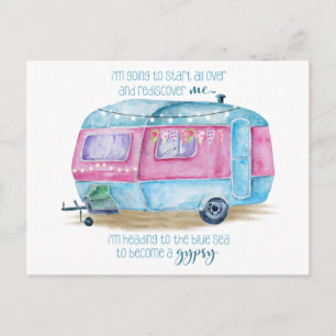 Carte Postale Aquarelle bleu et rose Retro Vintage Glamper