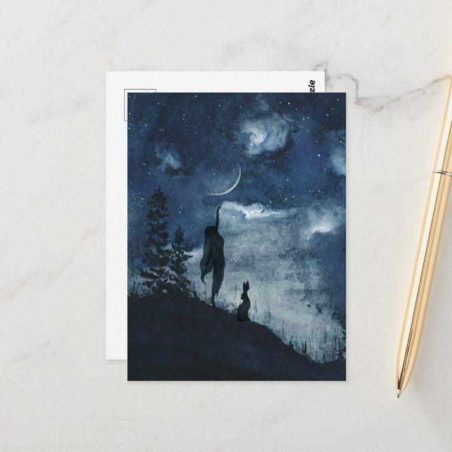 Carte Postale Aquarelle bleu foncé croissant de lune déesse lièv (Devant/Arrière en situation)