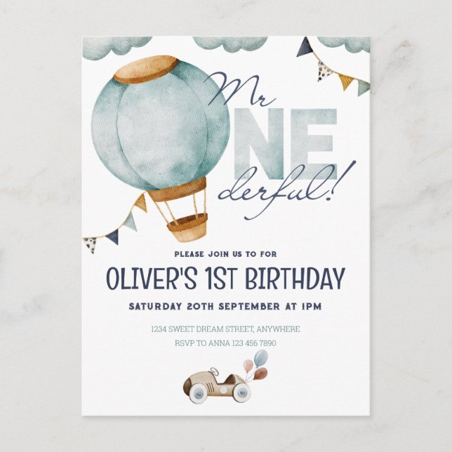 Carte Postale Aquarelle Bleu Hot Air Balloon M. ONEderful Boy (Devant)