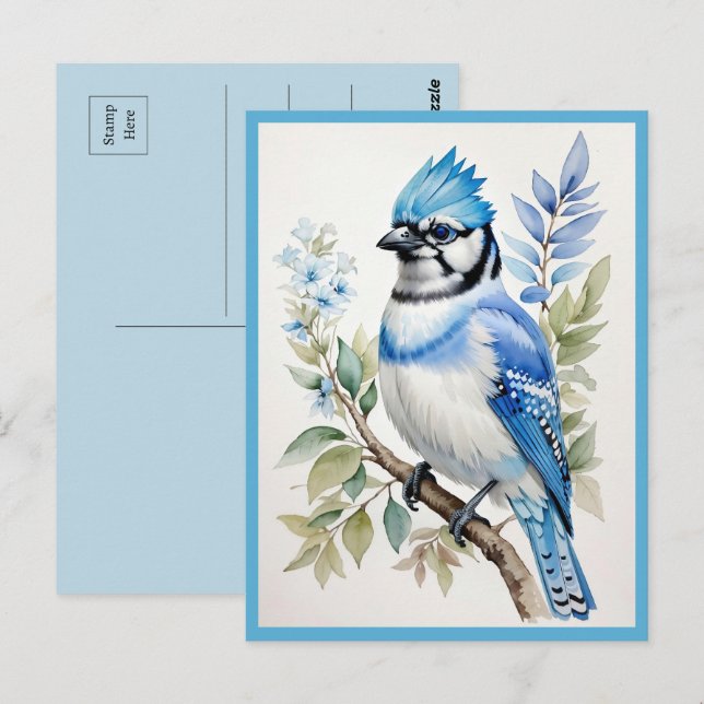 Carte Postale Aquarelle Bleu Jay Bird sur branche d'arbre (Devant / Derrière)