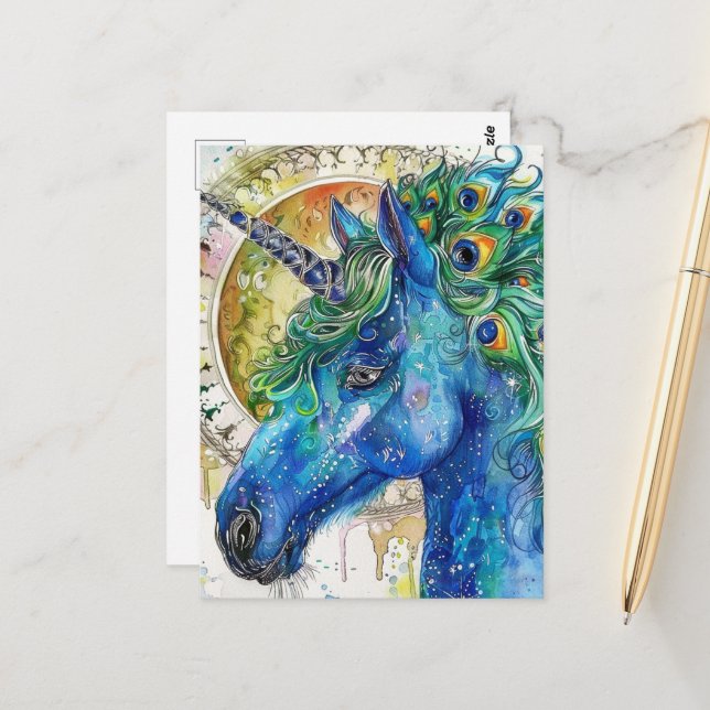 Carte Postale Aquarelle bleu Peacock Unicorne (Devant/Arrière en situation)