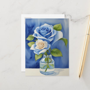Carte Postale Aquarelle Bleu Roses dans un vase