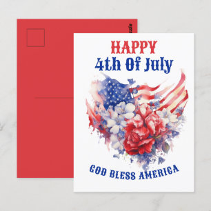 Carte Postale Aquarelle Bleu Rouge Blanc 4 juillet