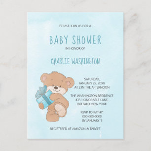 Carte Postale Aquarelle Bleu Simple Ours En Teddy Baby shower