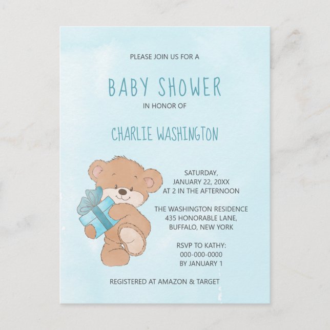Carte Postale Aquarelle Bleu Simple Ours En Teddy Baby shower (Devant)