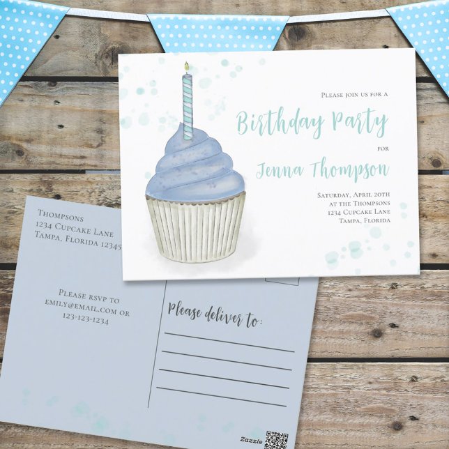 Carte Postale Aquarelle bleue mignonne cupcake Whimsical Anniver (Créateur téléchargé)