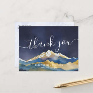 Carte Postale Aquarelle Blue & Gold Mountains Mariage Merci