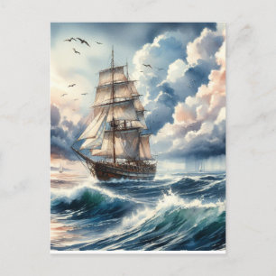 Carte Postale Aquarelle Blue Ocean Wave Boat
