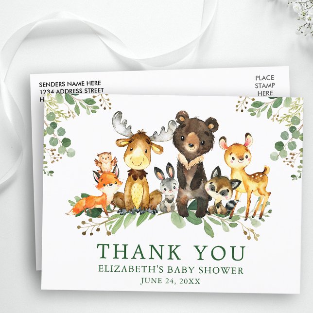 Carte Postale Aquarelle Bois Animaux Baby shower Merci (Customize to change text size, color or text style.)