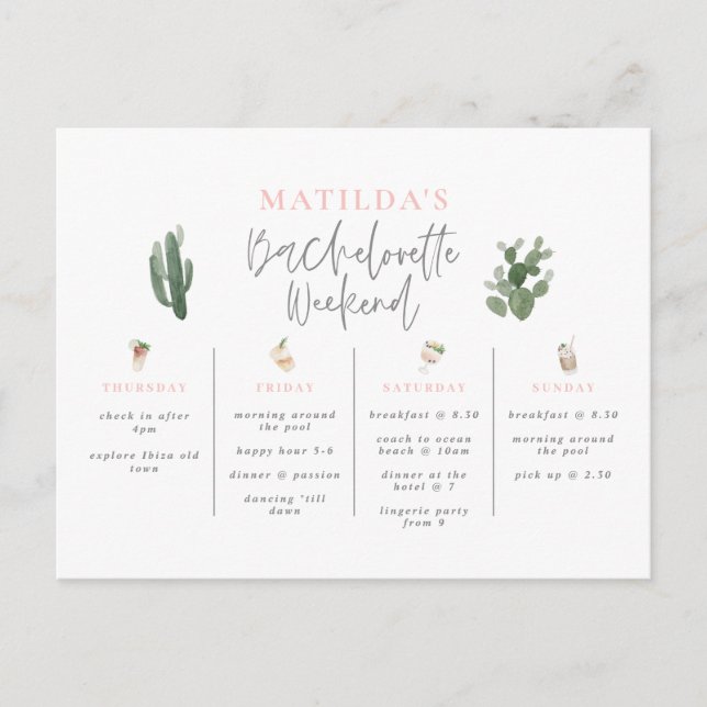 Carte Postale Aquarelle boissons bachelorette week-end itinérair (Devant)